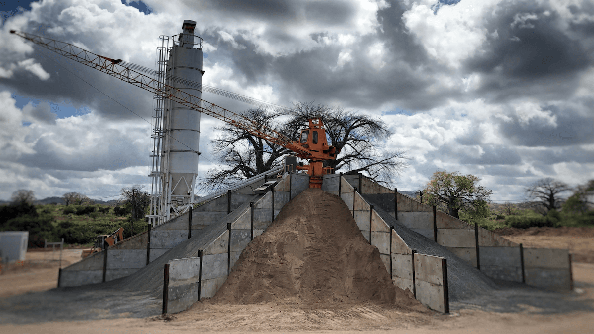 A concrete batching plant with all the different components to make concrete including cement and sand
