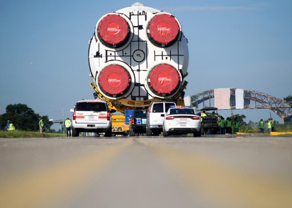 A rocket core being hauled